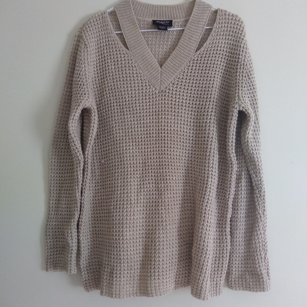 Hooked Up Cable Knit Beige Sweater Open Neck